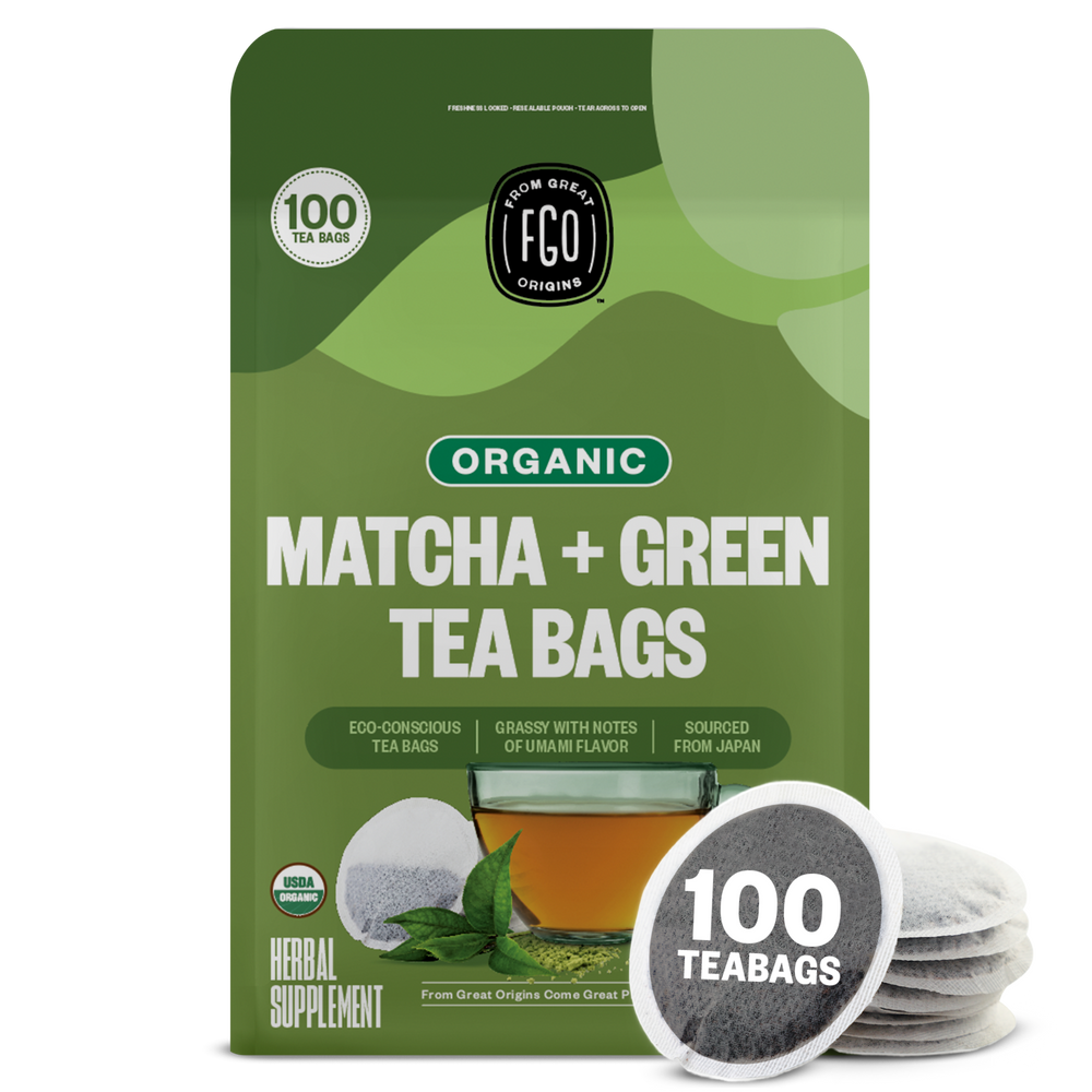 A package of organic matcha + green tea bags by FGO. The package is green with an image of a tea bag and a cup of brewed green tea.