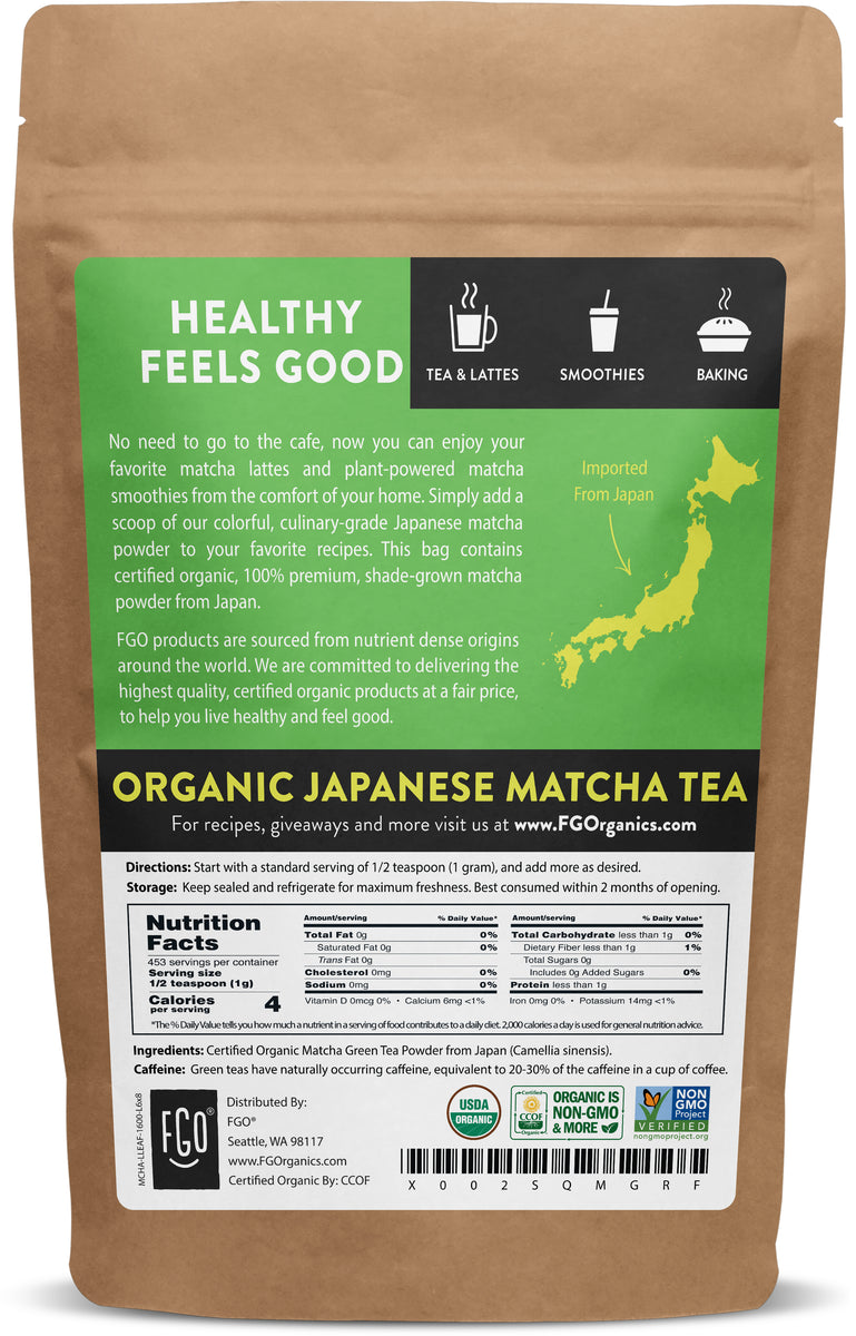 Feel Good USDA Organic Matcha Tea Powder, 16 Ounces