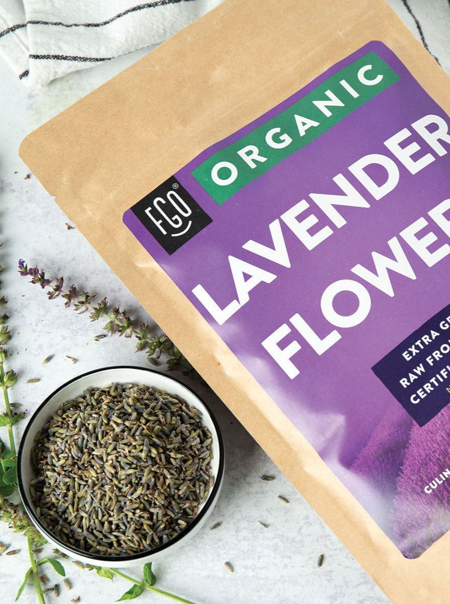 Whole raw lavender flowers.