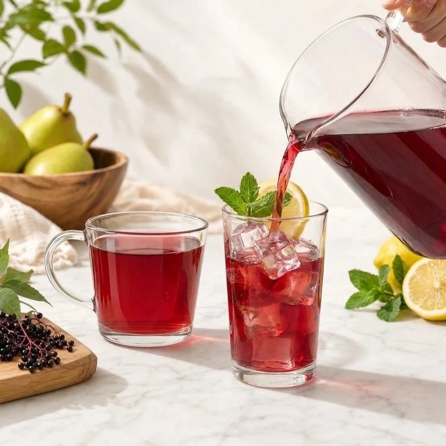 Elderberry tea poured over ice beside a hot cup, on marble