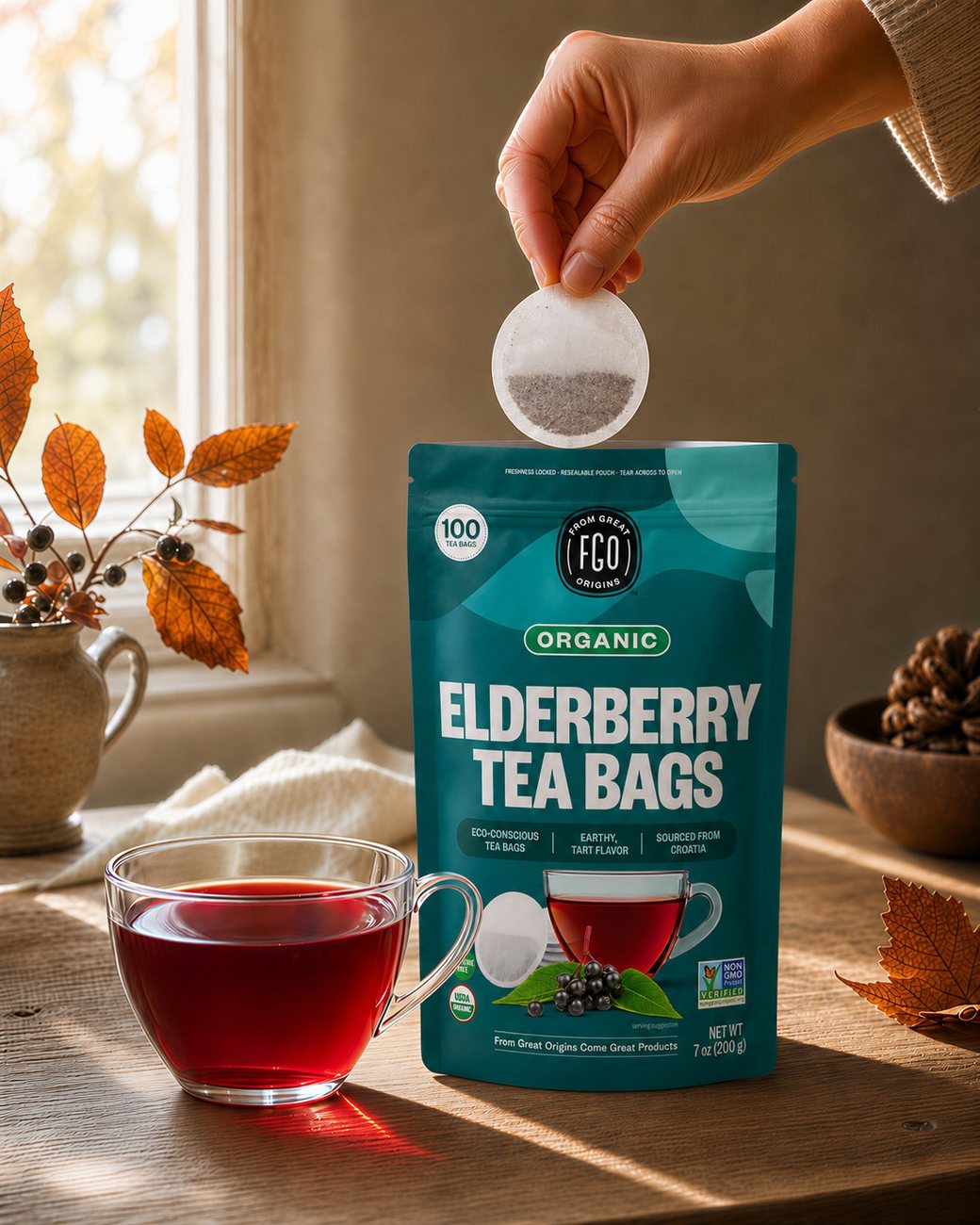 A hand lifting a round elderberry tea bag by the window