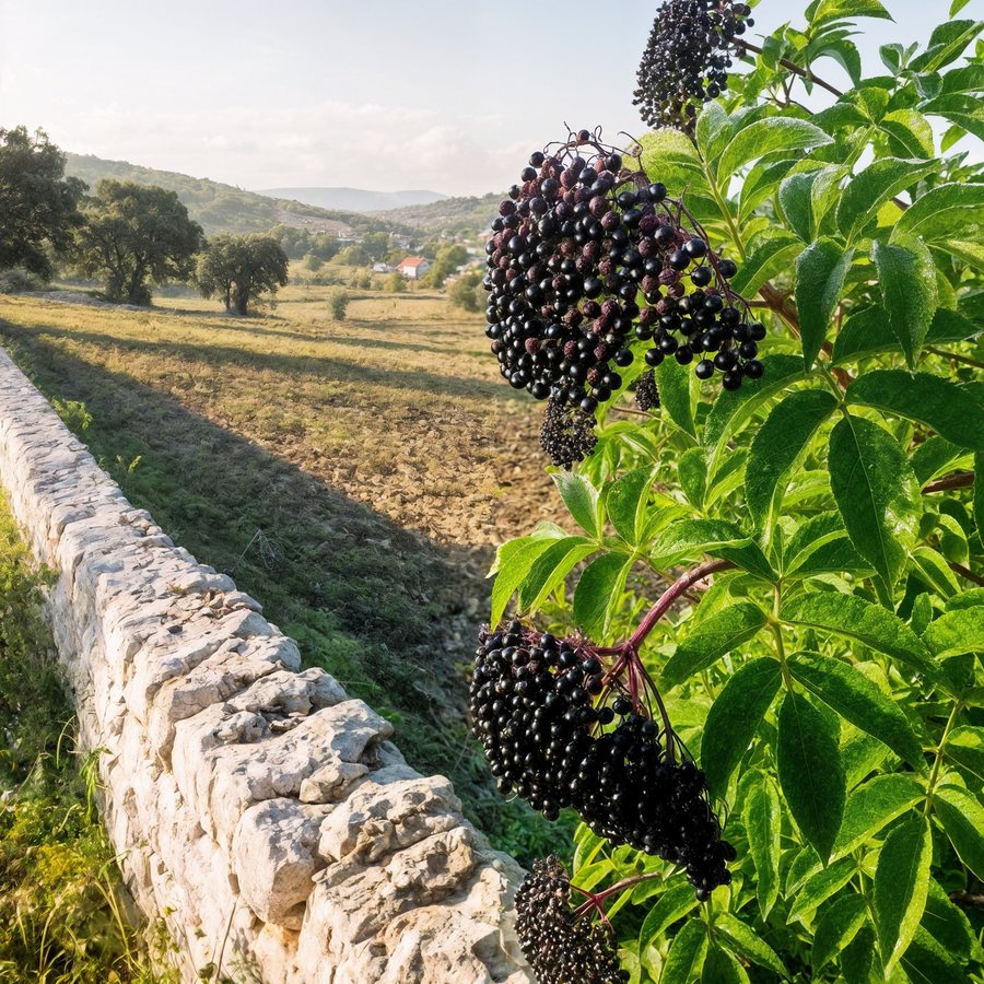 The elderberry pouch with dried berries and a brewed cup