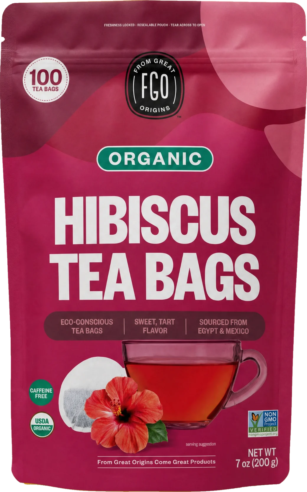 Organic Hibiscus Tea Bags — 100 count pouch, front of pack