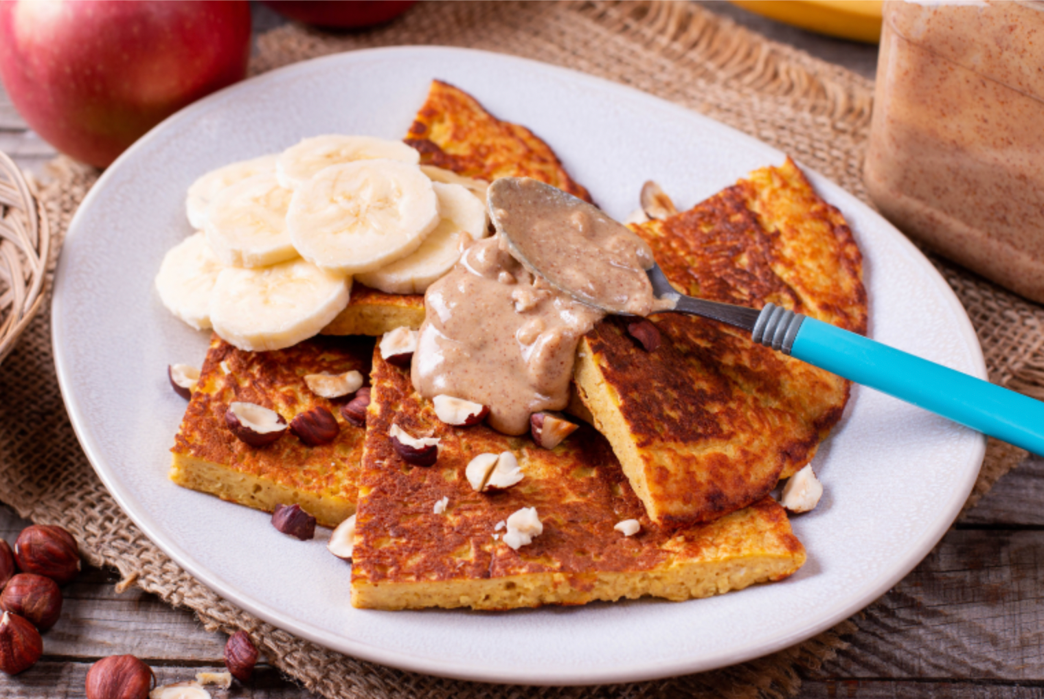 baobab pancakes topped with banana and peanut butter