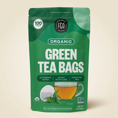 Organic Green Tea Bags, 100 count pouch, front of pack