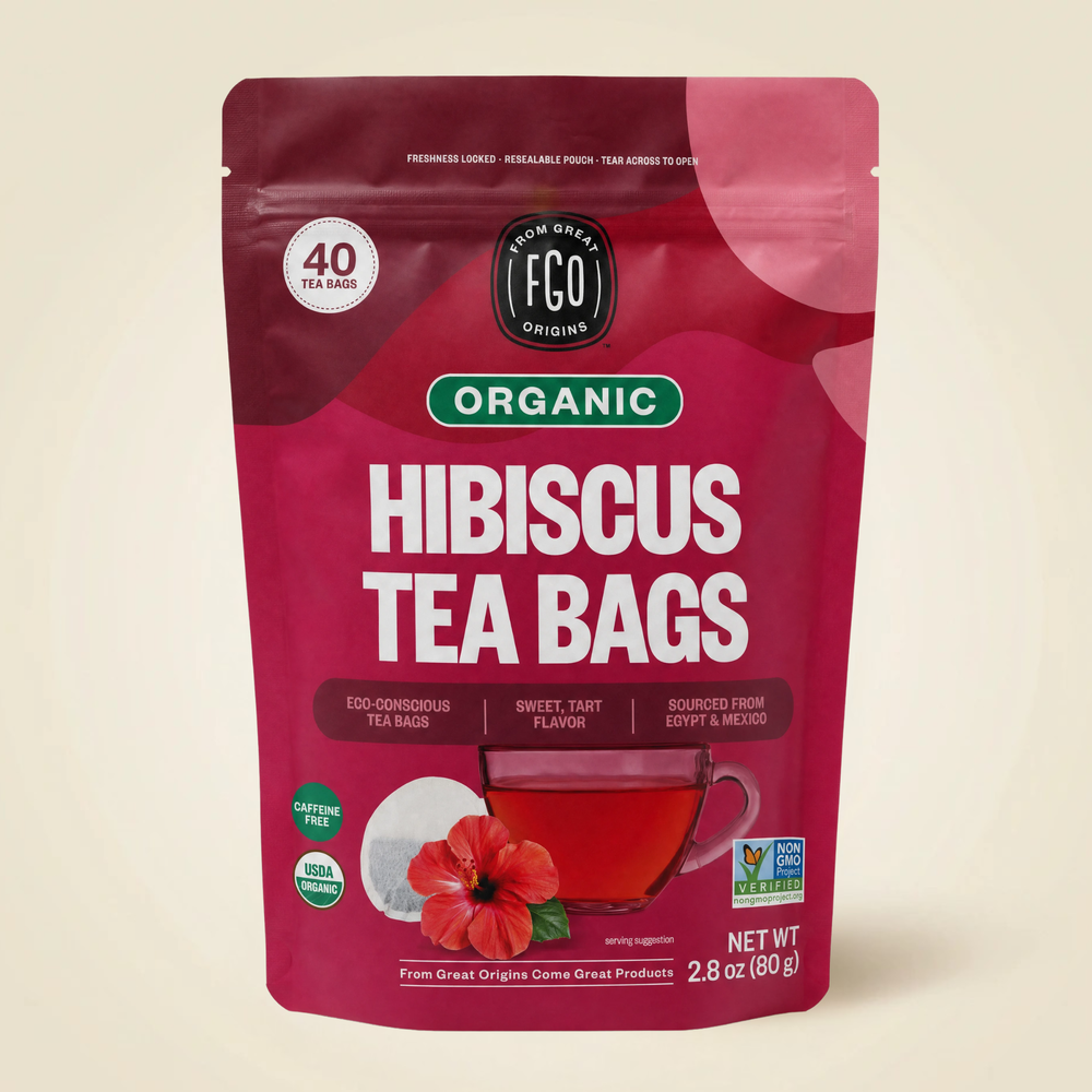 Organic Hibiscus Tea Bags, 40 count pouch, front of pack