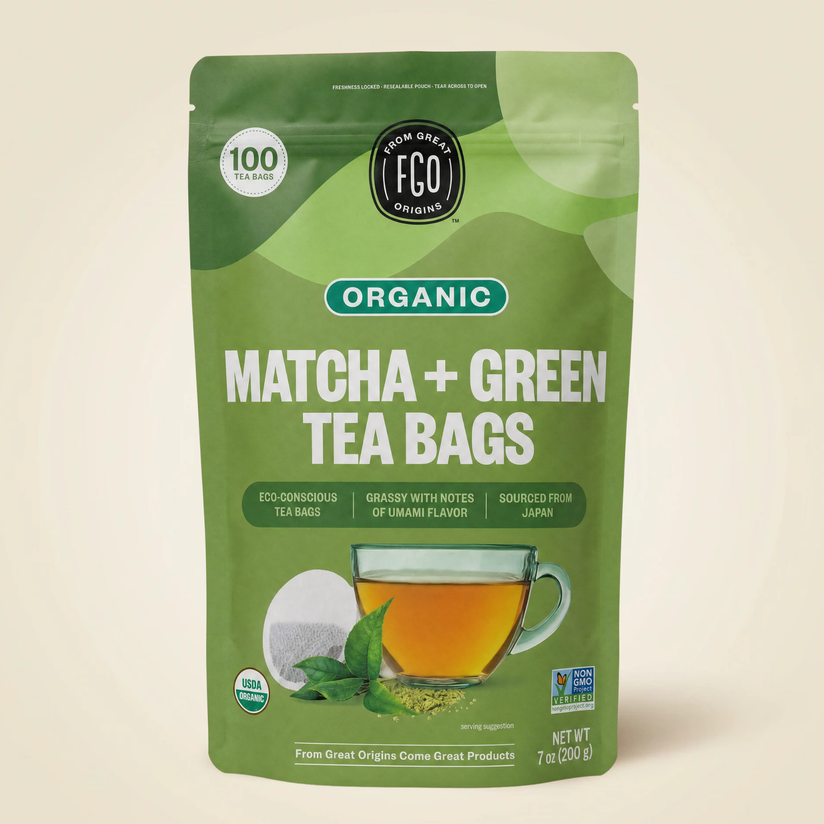 Organic Matcha + Green Tea Bags, 100 count pouch, front of pack
