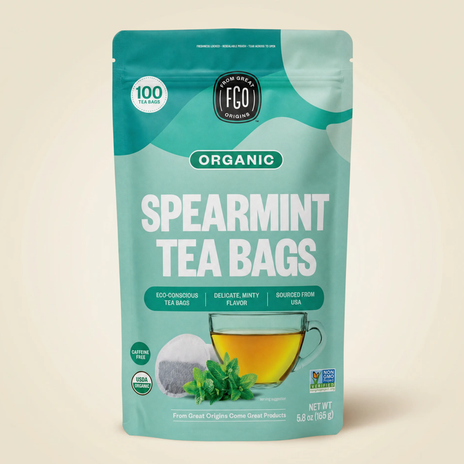 Organic Spearmint Tea Bags, 100 count pouch, front of pack
