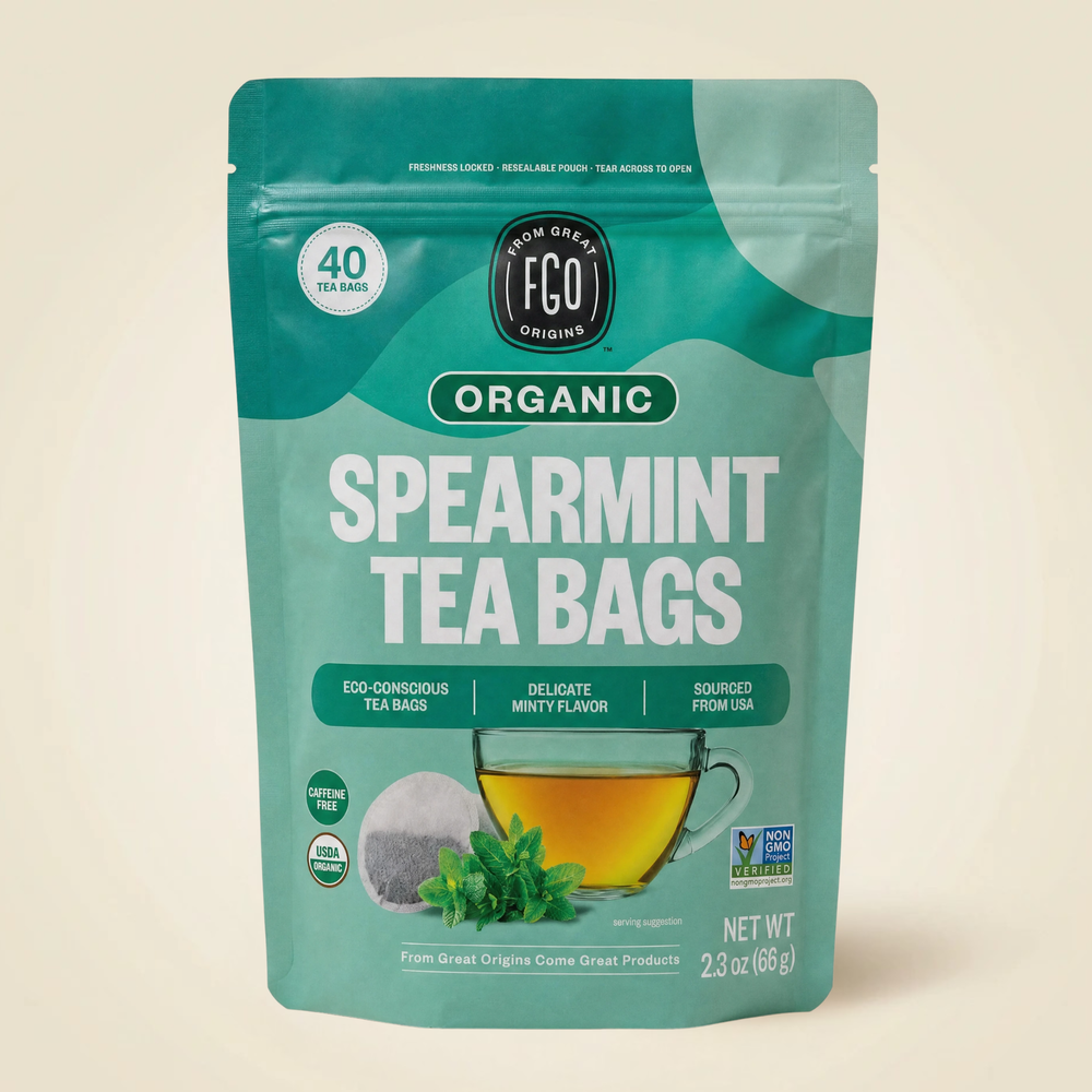 Organic Spearmint Tea Bags, 40 count pouch, front of pack