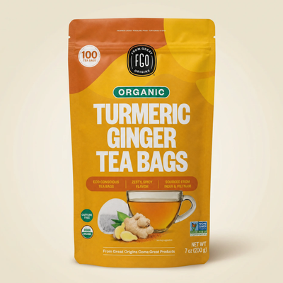 Organic Turmeric Ginger Tea Bags, 100 count pouch, front of pack