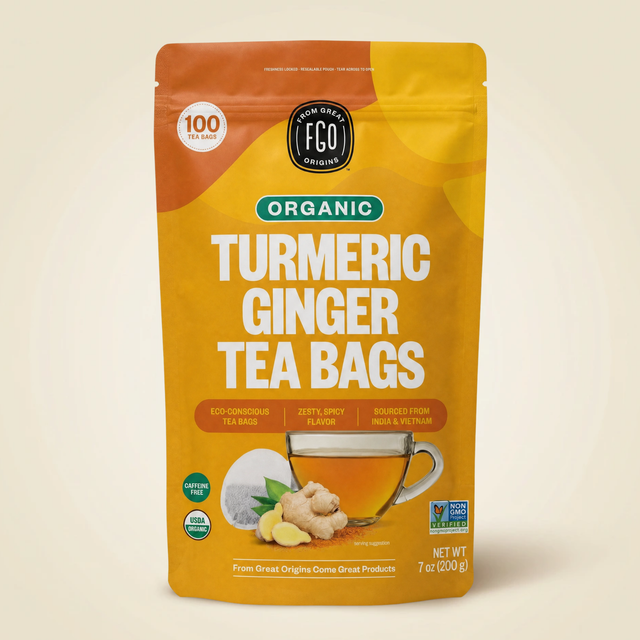 Organic Turmeric Ginger Tea Bags, 100 count pouch, front of pack