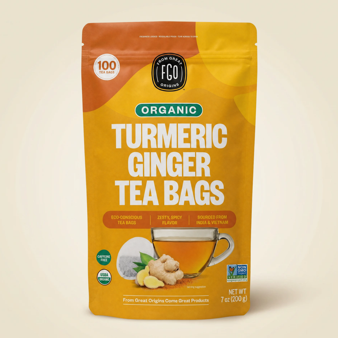 Organic Turmeric Ginger Tea Bags, 100 count pouch, front of pack