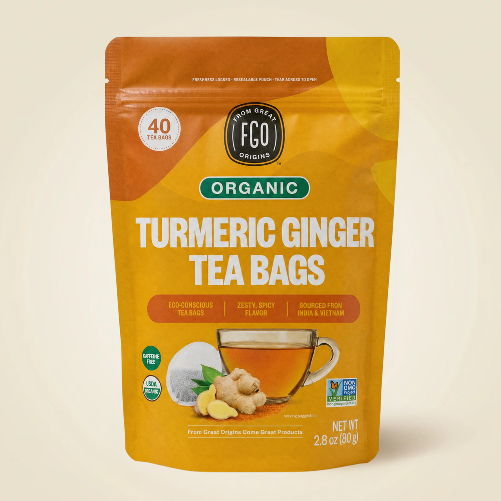 Organic Turmeric Ginger Tea Bags, 40 count pouch, front of pack