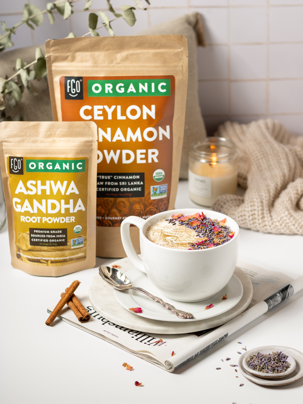 A warm mug of moon milk made with ashwagandha root powder.
