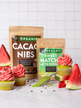 Raw ingredients for watermelon cupcakes: cacao nibs and sweet matcha latte powder.