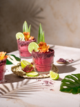 A hibiscus coconut margarita cocktail with lime wedges.