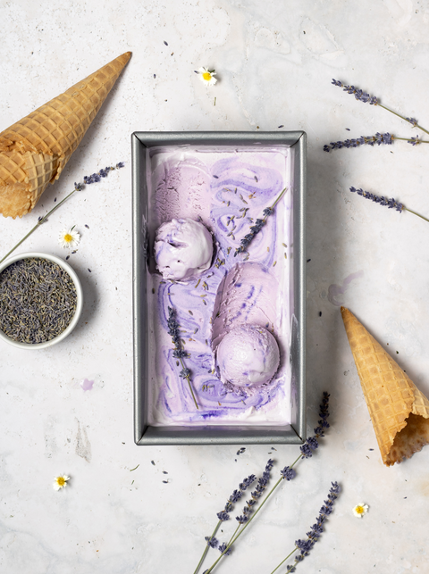 Creamy earl grey lavender ice cream and waffle cones.