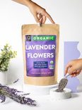 A kraft pouch of organic lavender flowers.