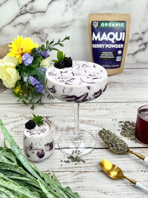 Blackberry lavender maqui pudding in a glass jar.
