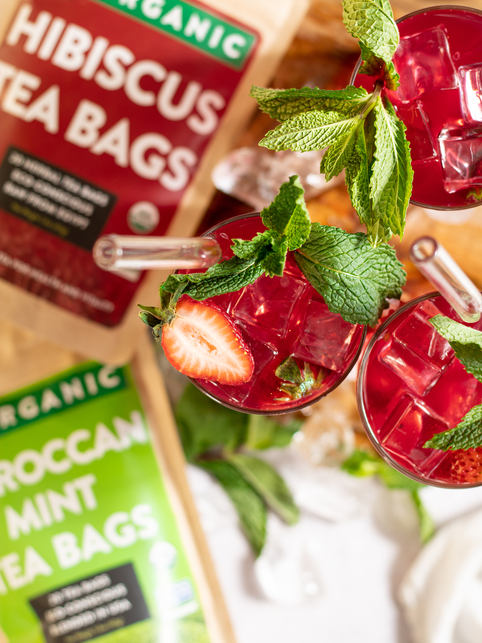 Hibiscus moroccan mint iced tea with fresh mint leaves.