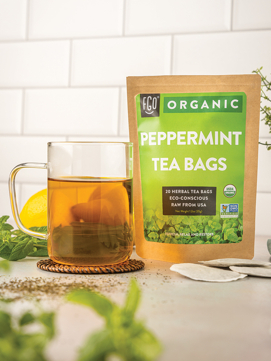 A mug of hot peppermint tea.