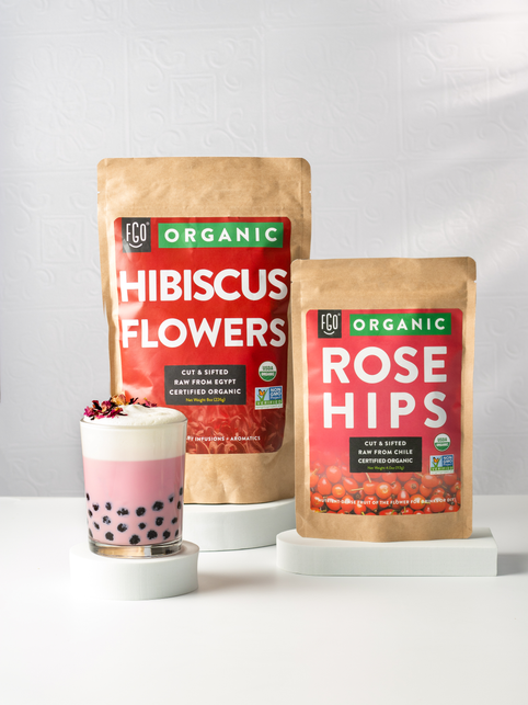 Kraft pouch of Hibiscus Flowers and Rose Hips.