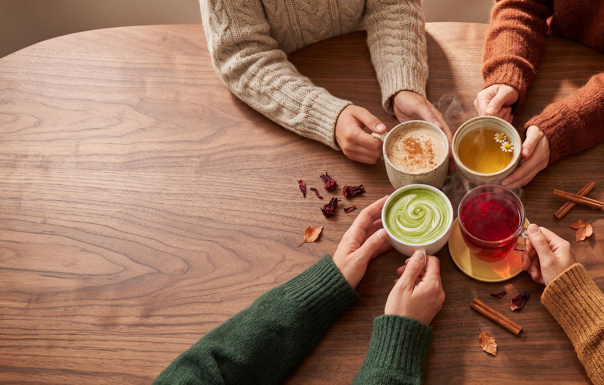 Hands holding mugs of chai, chamomile, matcha and hibiscus tea on a wooden table