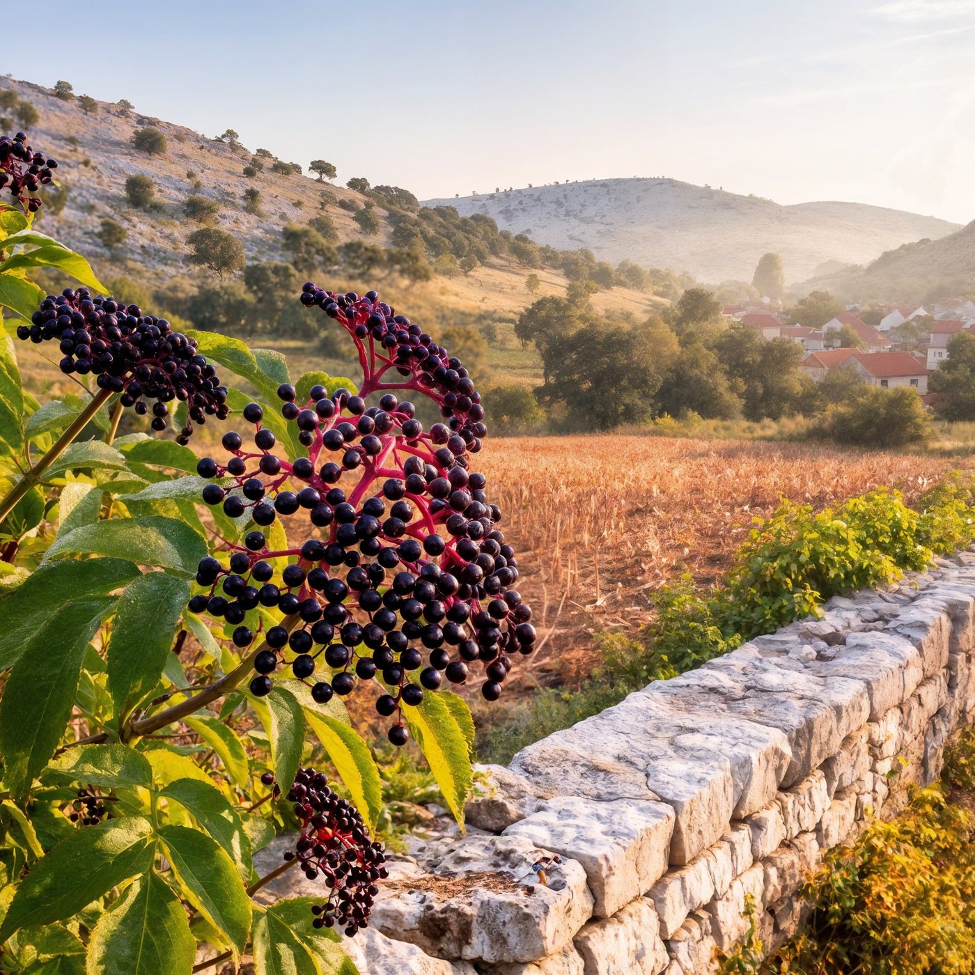 Elderberry umbels ripening beside a dry-stone wall above a Croatian field, with a village in the distance